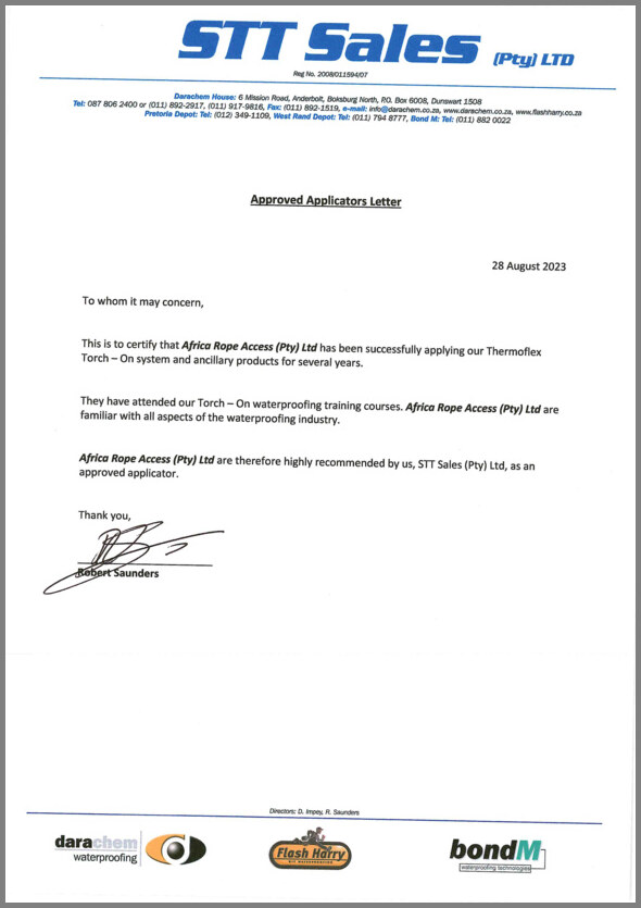 Africa Rope Access Approved applicator letter