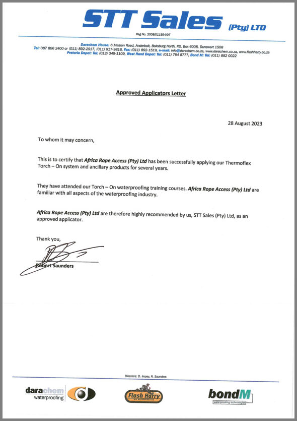 Africa Rope Access Approved applicator letter