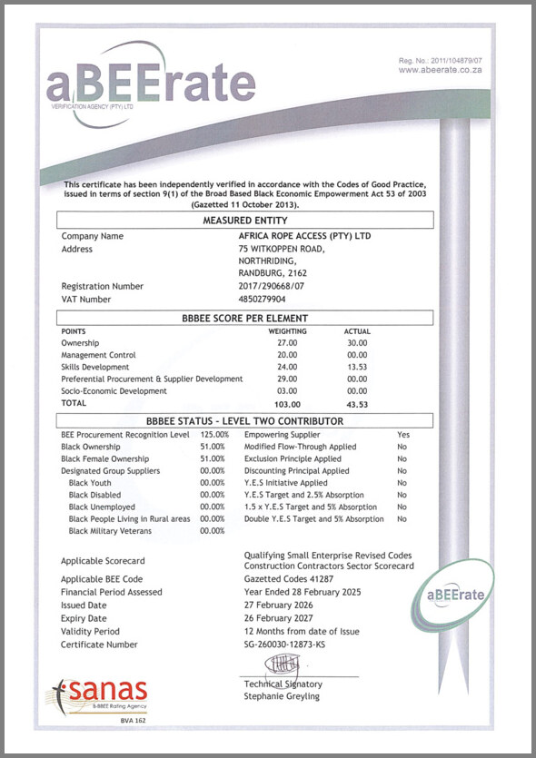 Africa Rope Access B-BBEE certificate