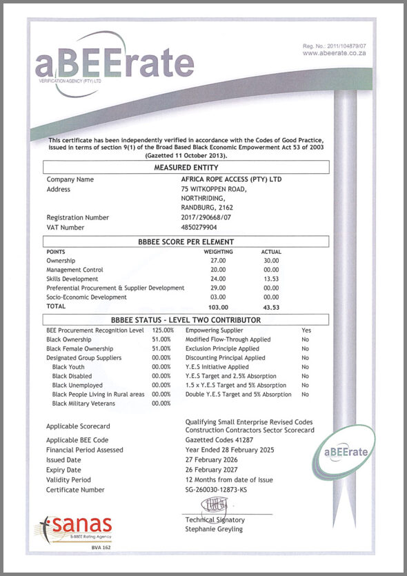 Africa Rope Access B-BBEE certificate
