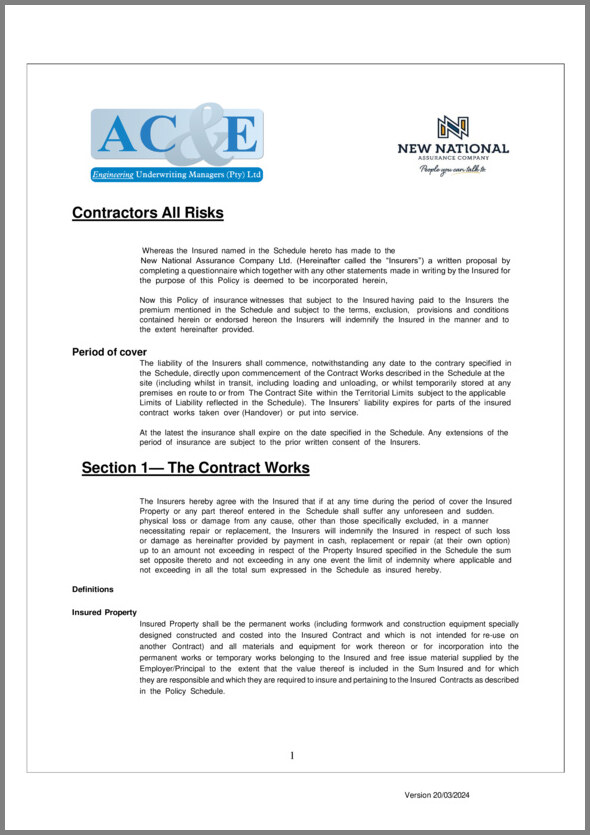 Africa Rope Access Contract all risks (CAR) wording