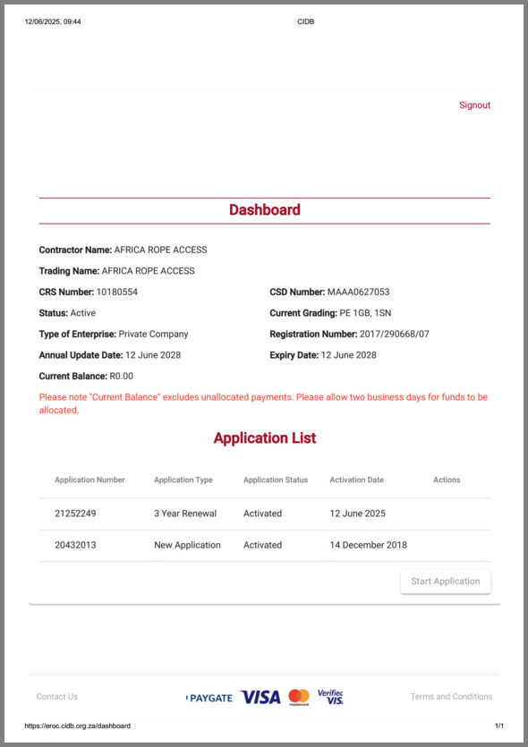 Africa Rope Access CIDB registration
