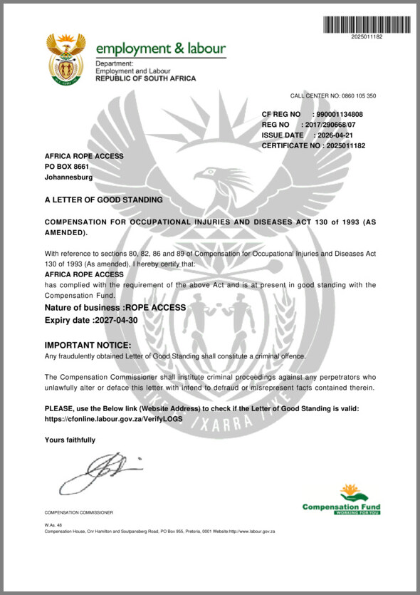 Africa Rope Access COID letter of good standing