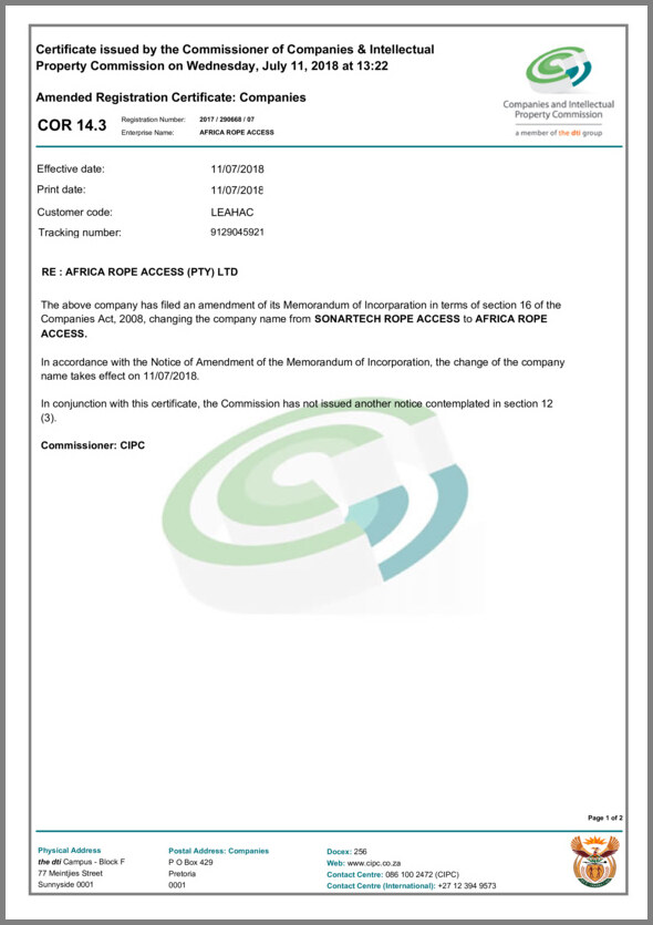 Africa Rope Access Company registration (CIPC)