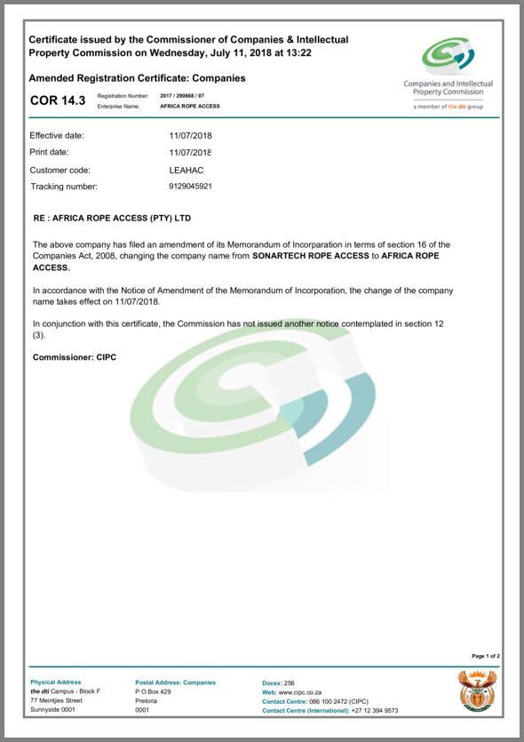 Africa Rope Access Company registration (CIPC)