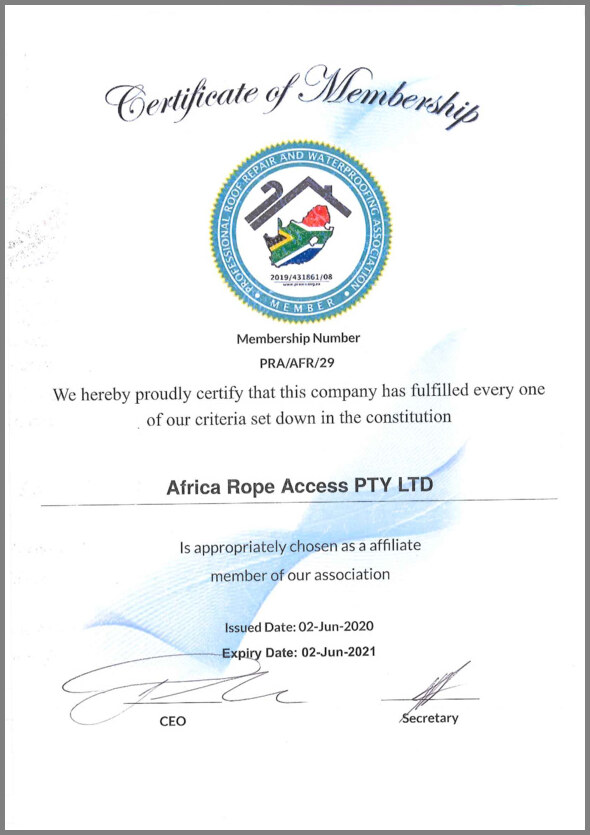Africa Rope Access Membership certificate
