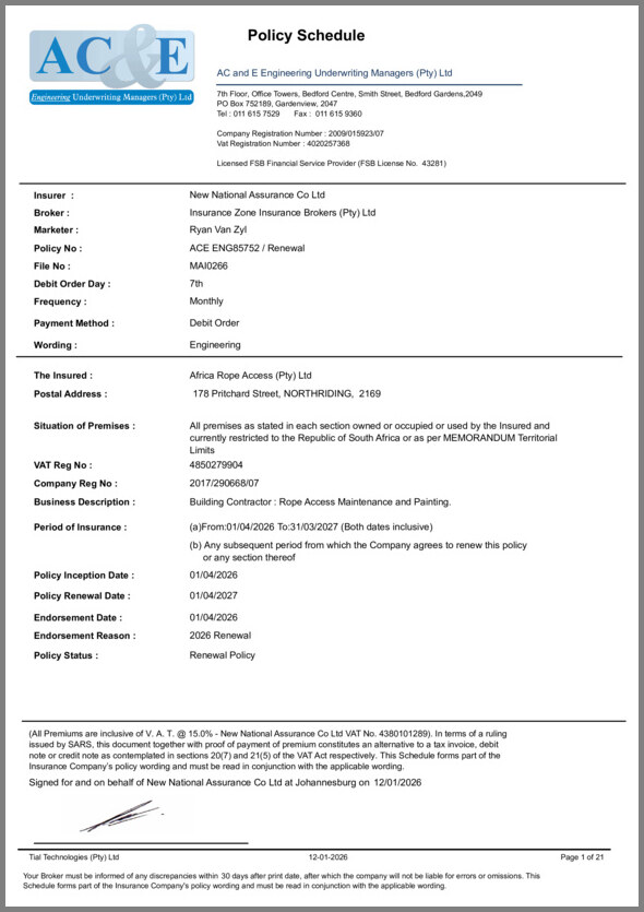 Africa Rope Access Insurance policy