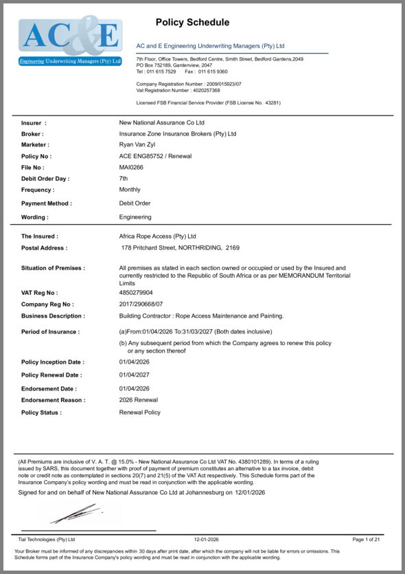 Africa Rope Access Insurance policy