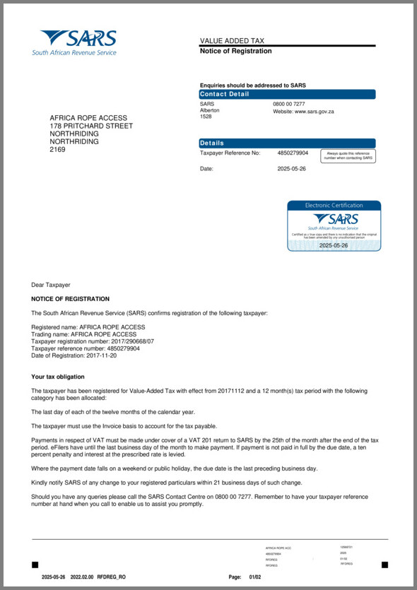 Africa Rope Access VAT registration notice